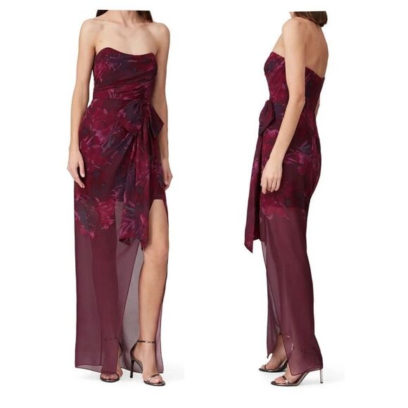 Badgley Mischka Red Floral Strapless Gown Dress - Picture 1 of 8